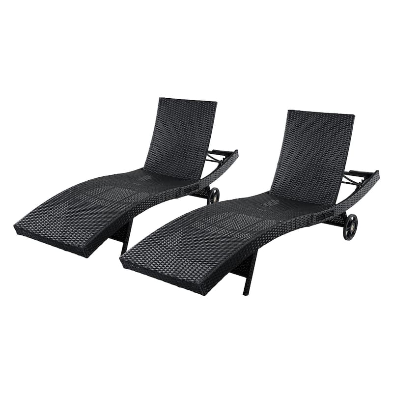 80"Patio Chaise Lounge Chairs Set of 2, Rattan Reclining Chair w/Rolling Wheels & Pull-out Side Table, Adjustable Backrest