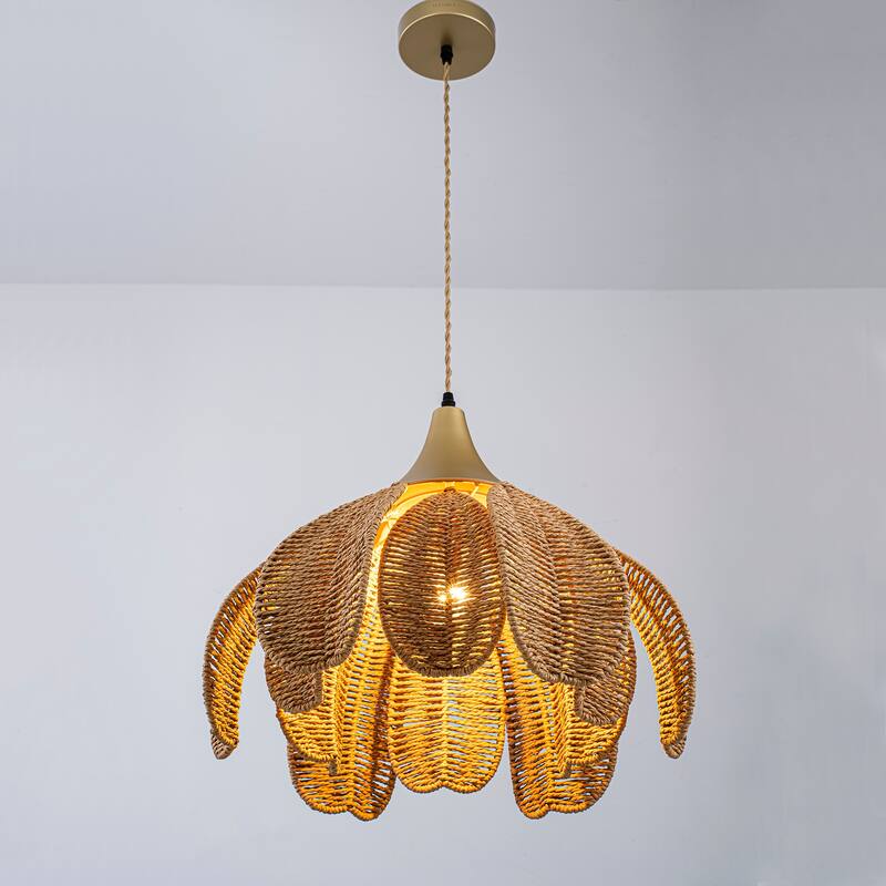 Kamala 1-Light Rattan Hemp Floral Pendant, Modern Coastal Boho - Handwoven
