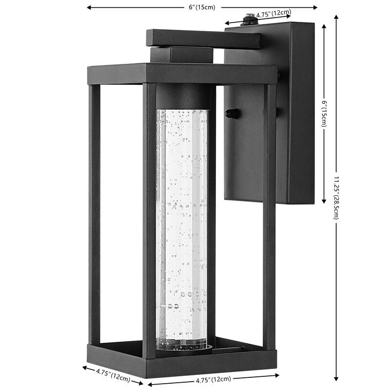 Justina 4.75" 1-Light Industrial Iron/Seeded Glass with Dusk-to-Dawn Sensor Integrated LED Outdoor Sconce, Black by JONATHAN Y
