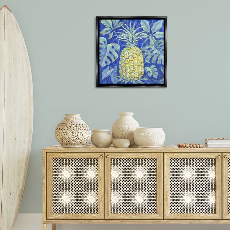 Stupell Tropical Pineapple on Blue Framed Floater Canvas Wall Art Design By Paul Brent