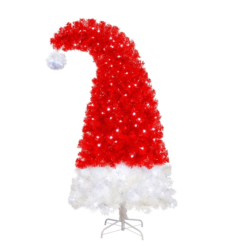 Anmytek 6FT Pre-Lit Santa Hat Christmas Tree - Whimsical Curved Design with 1050 Tips