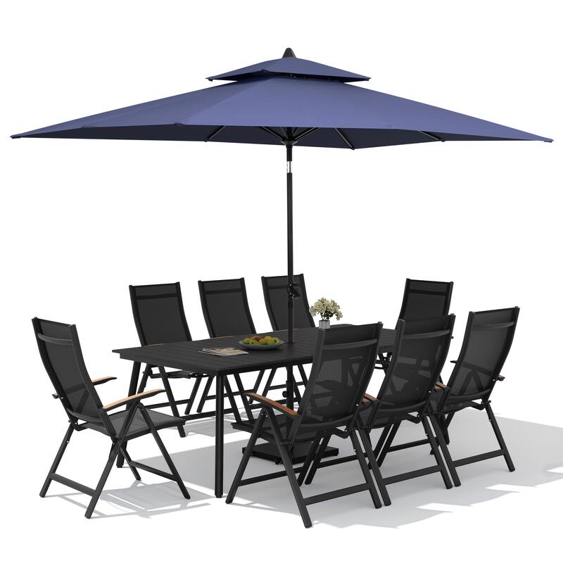 11PC Outdoor Patio Dining Set Aluminum Table with Folding Armchairs w/ Premium Market Umbrella Sets