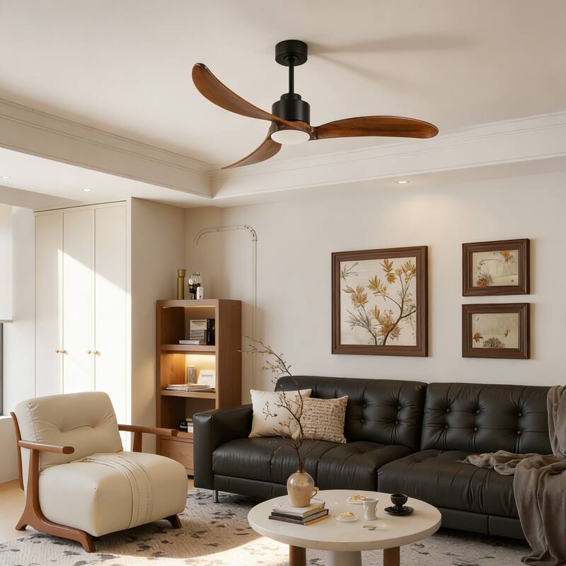 Sofucor 52 inch Ceiling Fan with Light and Remote,Solid Wood Blades,Dimmable,Noiseless,for Bedroom Living Room Gazebo Patio