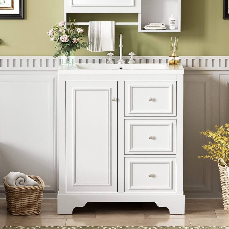 30'' Bathroom Vanity with Top Sink, Freestanding Vanity Set with Mirror Cabinet - White-Only Bathroom Vanity Cabinet with Sink