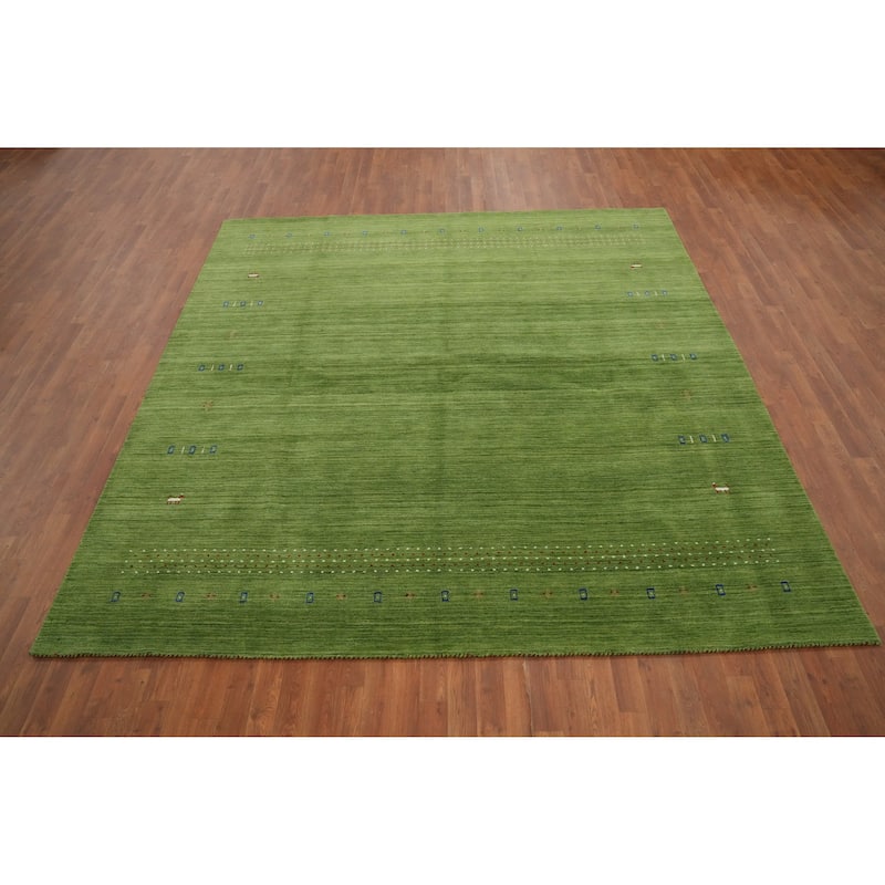 Hand Knotted Oriental 100% Wool Carpet Tribal Animal Pictorial Green Gabbeh Area Rug - 9' 1'' X 8' 9''