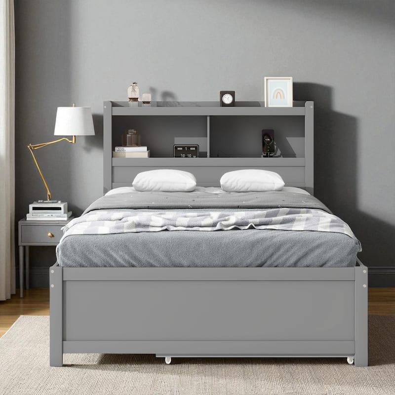 Full Size Platform Bed with Trundle, 3 Drawers, Storage Headboard & USB Charging Ports