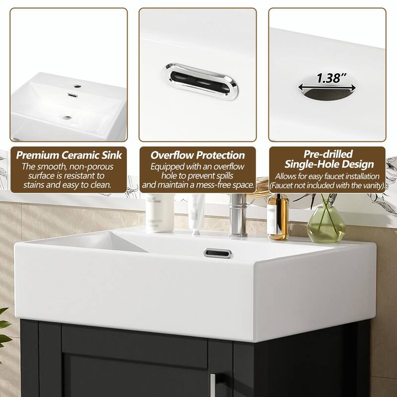 20.28'' Black Modern Bathroom Vanity with Ceramic Sink, Solid Wood Frame and Drawer