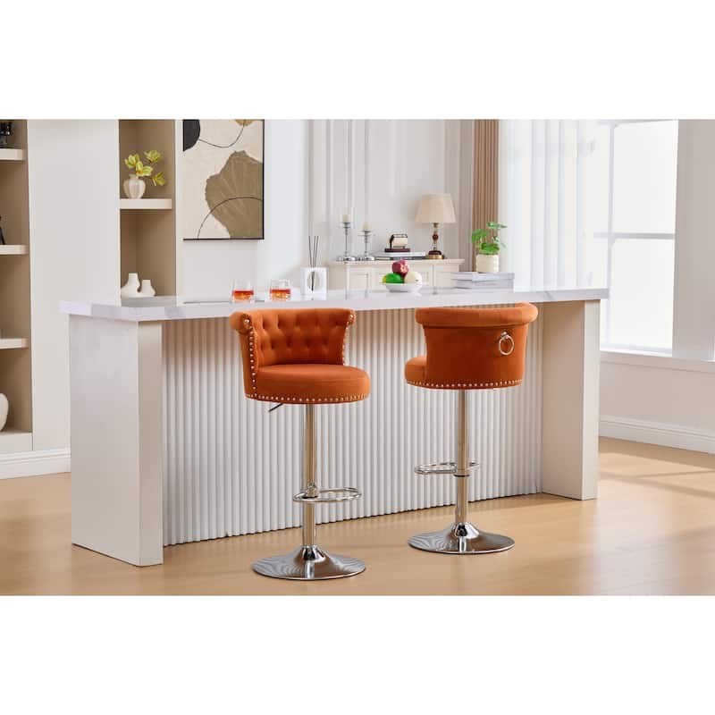 Velvet Upholstered Bar Stool Set of 2, Adjusatble Height Swivel Bar Stools, Dining Chairs with Curved Backrest & Footrest