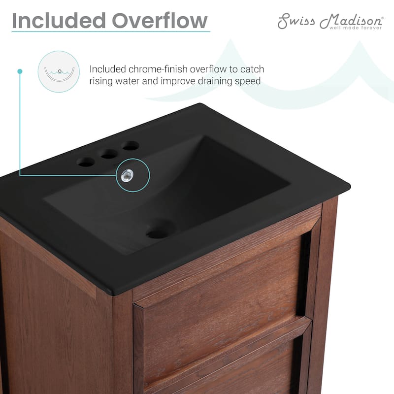 Nadar 24 In. Brown Walnut Bathroom Vanity With Black, 3-Hole Ceramic Sink Top
