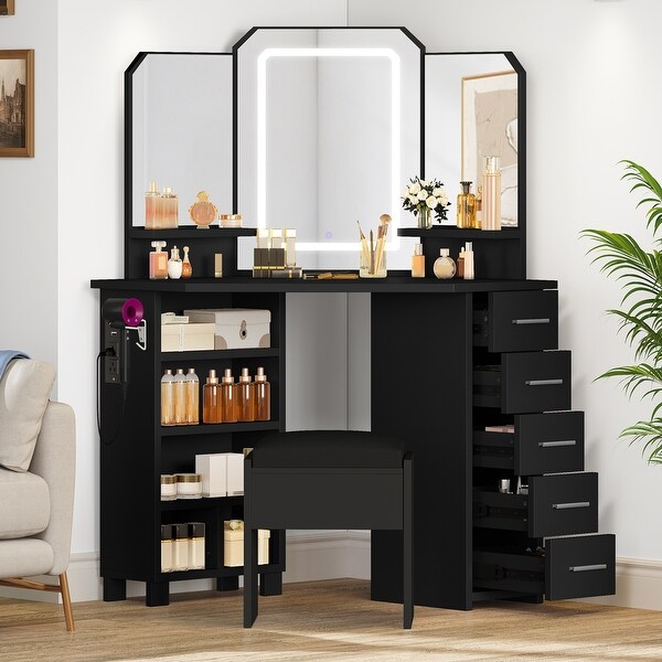 Moasis Corner Vanity Desk Set with Tri Fold Mirror and Adjustable Light Strips Makeup Table 22.24 D x 42.52 W x 56.89 H Black