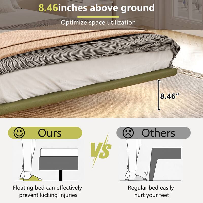 Modern PU Leather Floating Platform Bed with LED Lights, No Boxing Spring Needed