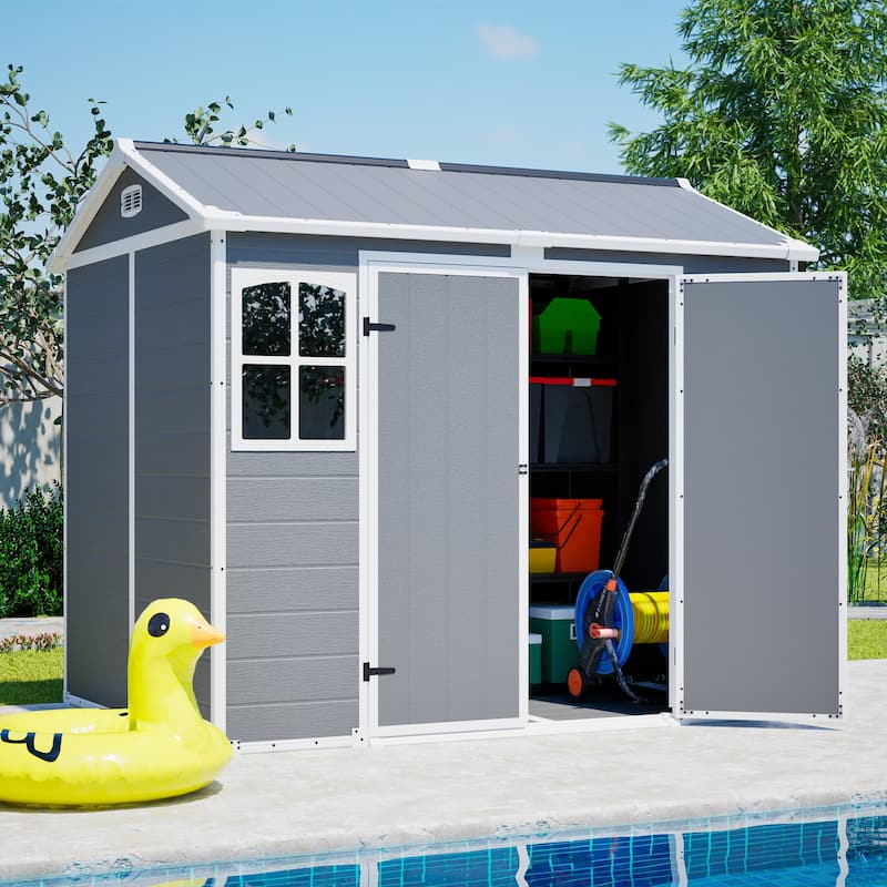 GDFStudio - Large Plastic Utility Shed with Floor & Lockable Doors for Easy Access, Storage for Garden Tools & Trash Bins