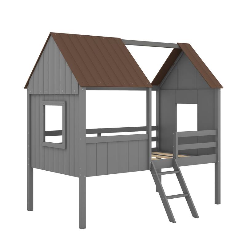 Twin Size Low Loft Wood House Bed with Two Side Windows in Gray and Brown