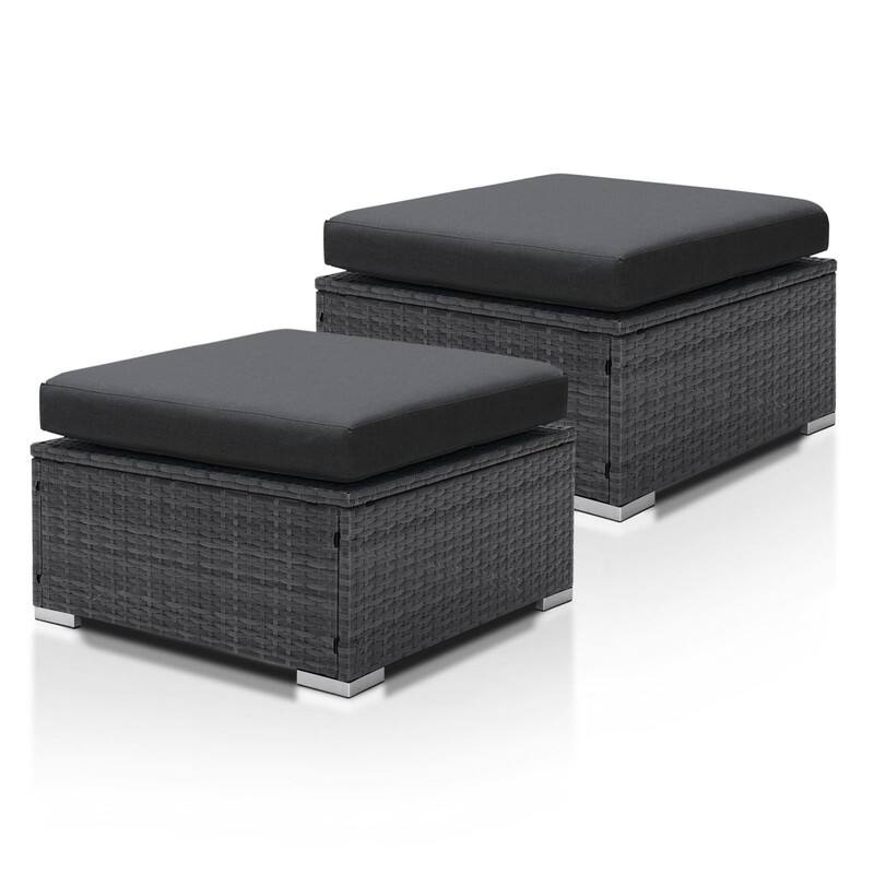 Outdoor Wicker Rattan Ottomans with Soft Cushions (Set of 2) - Dark Gray