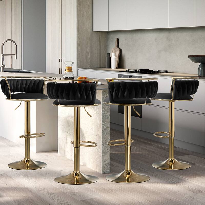 4 Set Modern Velvet Adjustable Swivel Bar Stools with Metal Frame - Gold/Black