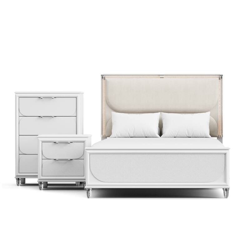 Furniture of America Drima Modern 3-Piece Pearl White Solid Wood Kids Platform Bedroom Set with LED