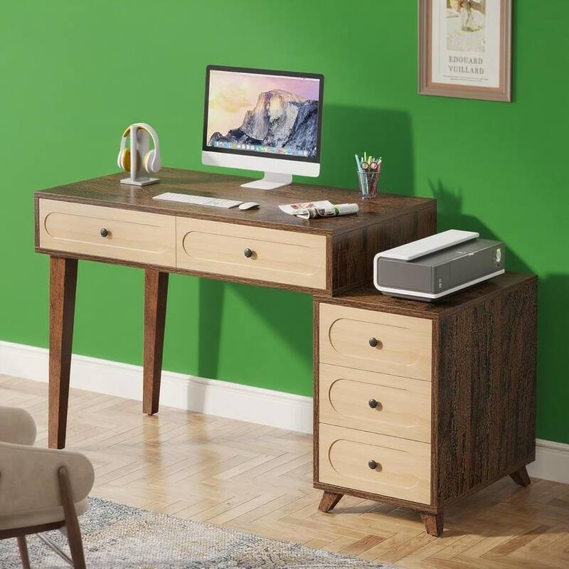 Brown Solid Wood Computer Desk 5 Drawers Spacious Home Office Table