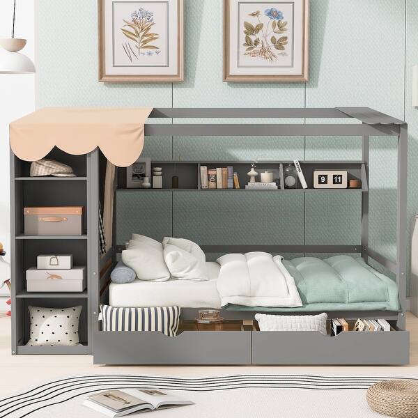 slide 2 of 15, Full Size House Bed with Two Storage Drawers and Built-In Wardrobe, Curtain Fabric Design Gray