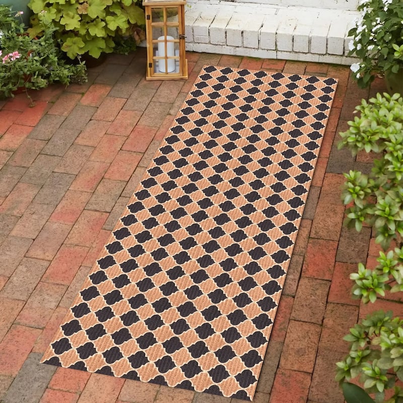 Indoor/Outdoor Custom Size Low Profile Runner Rug with Non-Slip PVC Backing - Water Resistant-Black-Brown-Beige Color-Trellis