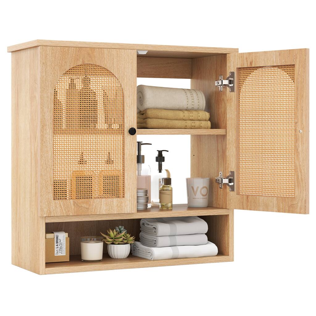 Bathroom Wall Cabinet with PP Rattan Doors, Adjustable Shelves & Cube - 23.5" L x 10.5" W x 25.5" H