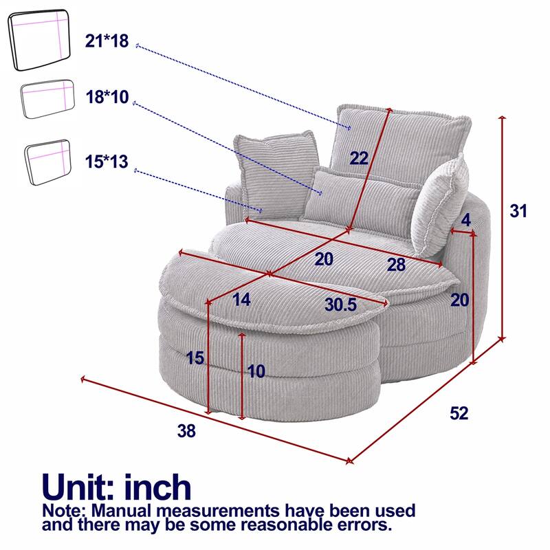 38"W Oversized Swivel Chair with Moon Storage Ottoman, 4 Pillows