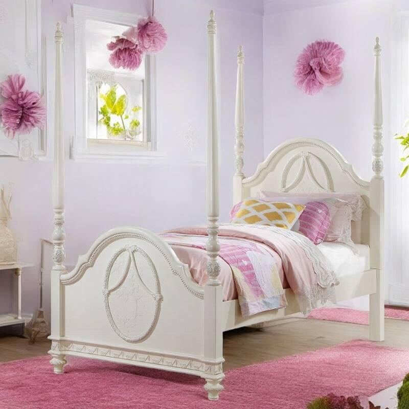Wooden Post Bed with Arched Headboard and Footboard in Ivory Finish