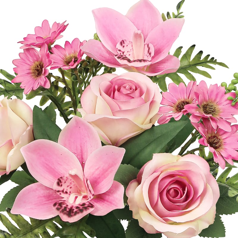 Set of 2 Pink Artificial Mixed Rose Cymbidium Orchid Daisy Flower Stem Bush Bouquet 16in - 16" L x 9" W x 9" DP