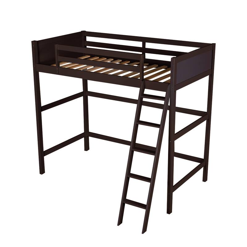 Modern Simple Style Twin Size Solid Pine Wood Loft Bed with Full Length Guardrail and Inclined Ladder