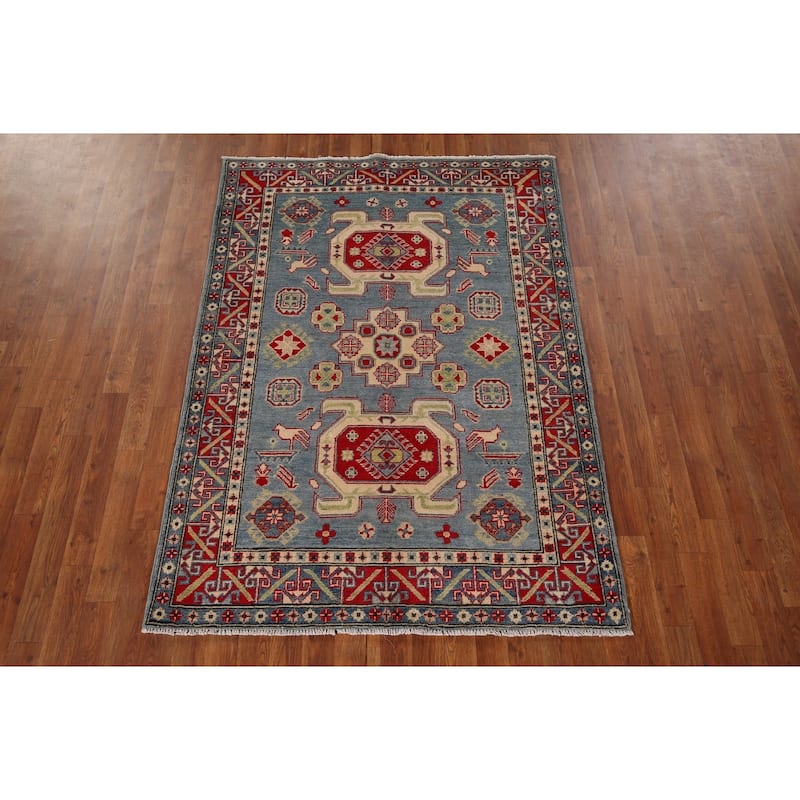 Geometric Blue Kazak Oriental Area Rug Handmade Wool Carpet - 4'3" x 5'11"