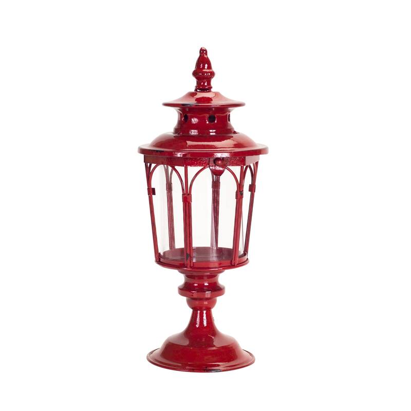 Set of Two Red Glass and Metal Distressed Tabletop Lantern Candle Holders - One Size