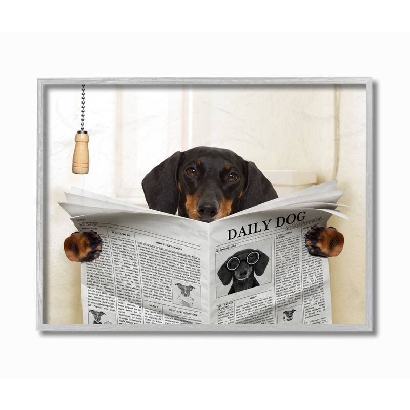 Stupell Dog On Toilet Newspaper Funny Animal Pet Design Framed Wall Art - 11 x 14 - Grey