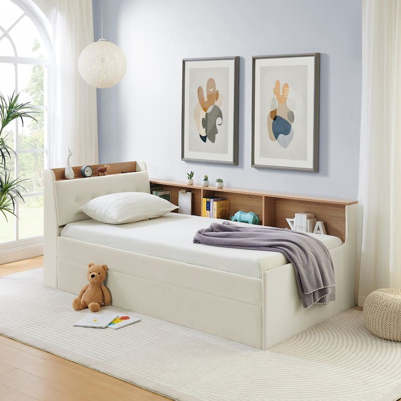 Twin Size Adjustable Velvet Daybed with Storage, Trundle, LED Lights, and Wireless Charging