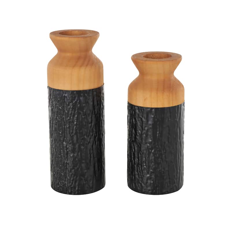 Metal Abstract Textured Color Block Decorative Vase with Brown Wood Tops - Set of 2 Black - Roche River Decor - 4"W x 4"L x 11"H