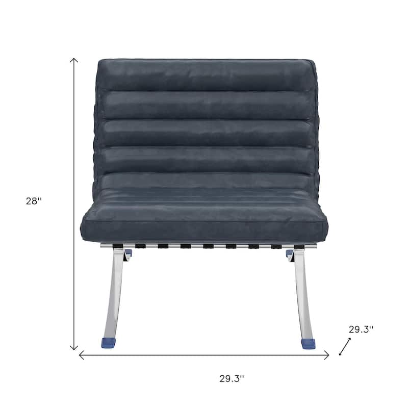 HomeRoots 29" Blue and Silver Tufted Leather and Upholstered Folding Lounge Chair - 29.30 in. x 28.00 in. x 29.30 in.