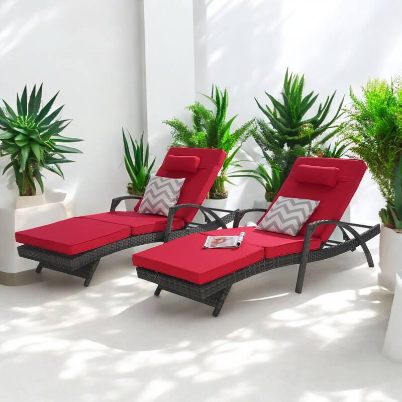 Outdoor Wicker Reclining Lounge Chairs Set of 2 with Cushions – Adjustable, Lawn Chairs for Patio, Poolside, and Garden - Red