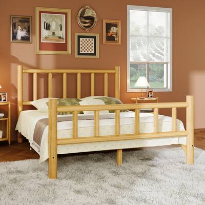 Queen Size Pine Wood Platform Bed Frame, Cylinder Construction Bed