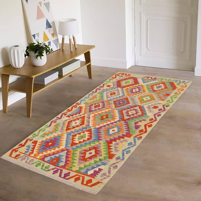 Bohemian Turkish Kilim Jalen Rust Blue Hand-Woven Wool Rug - 3'4'' x 6'5''