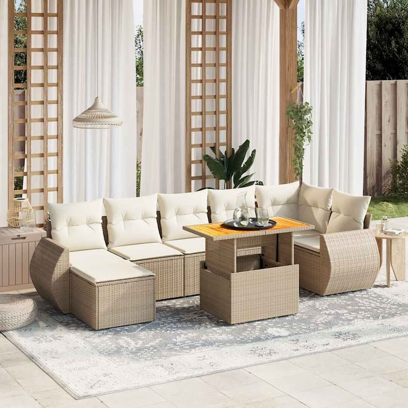 vidaXL Patio Sofa Set with Cushions Outdoor Conversation Furniture Poly Rattan - 21.7 x 24.4 x 27.2 - Beige+Cream-3 middle+3 corner+footrest+table