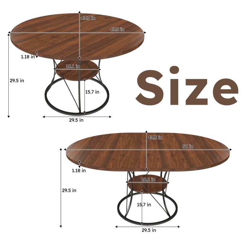 43.31" Round Extendable Wooden Dining Table with Storage Shelf and Metal Base