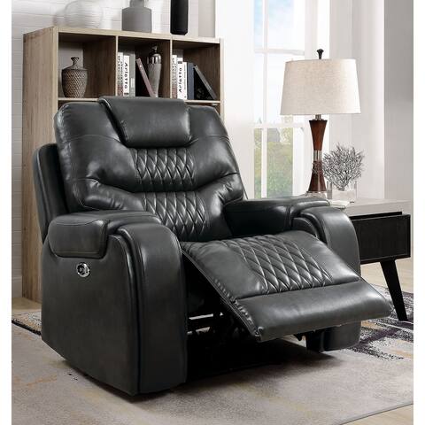 Leatherette and Wood Power Recliner in Gray Finish