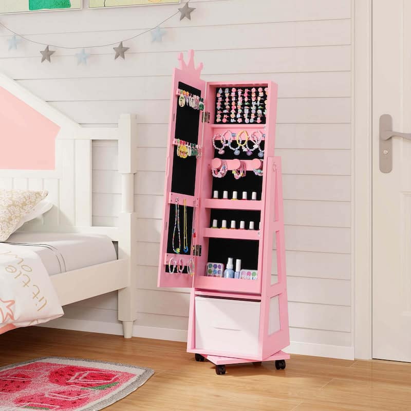 Costway Kids Jewelry Cabinet with Full-Length Mirror Foldable Drawer - See Details - Pink
