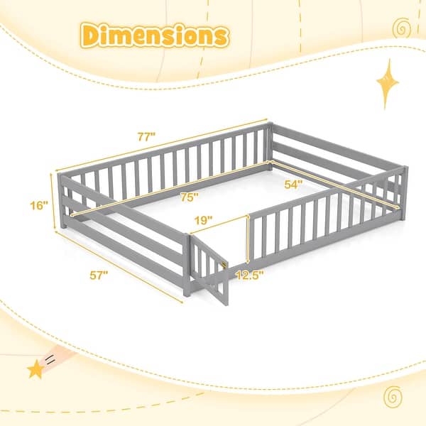 dimension image slide 1 of 6, Costway Full Size Floor Bed with Full Length Safety Guardrails & Door