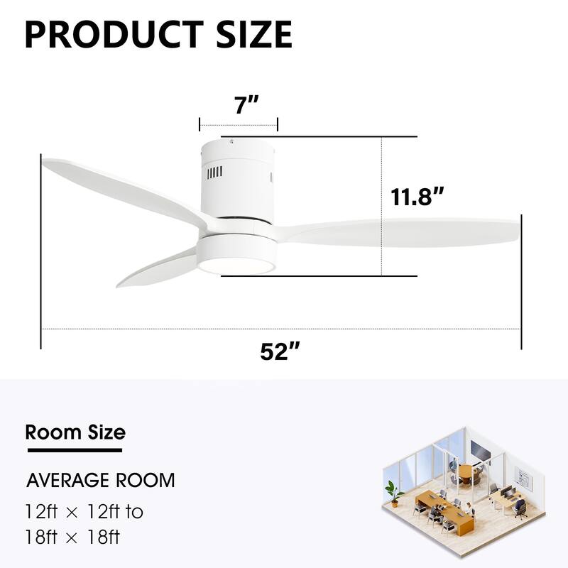 52 Inch Flush Mount Wood Blades White Ceiling Fan Reverse Airflow,6 Wind Speed,Remote Control