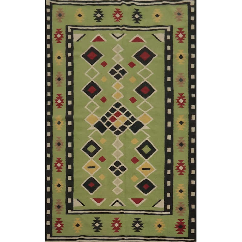 Hand Woven Oriental 100% Wool Carpet Southwestern Modern Green Kilim Area Rug - 8' 1'' X 5' 0''
