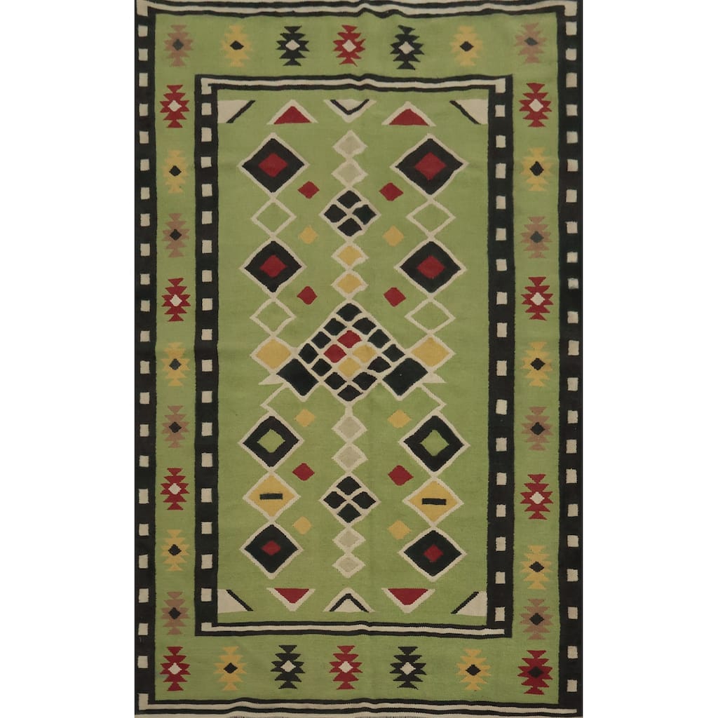 Hand Woven Oriental 100% Wool Carpet Southwestern Modern Green Kilim Area Rug - 8' 1'' X 5' 0''