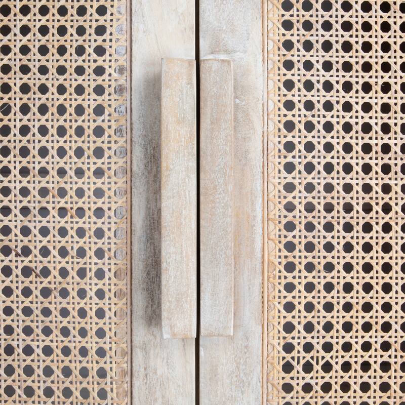 Mango Wood and Cane Curio Cabinet with 3 Shelves and 2 Doors