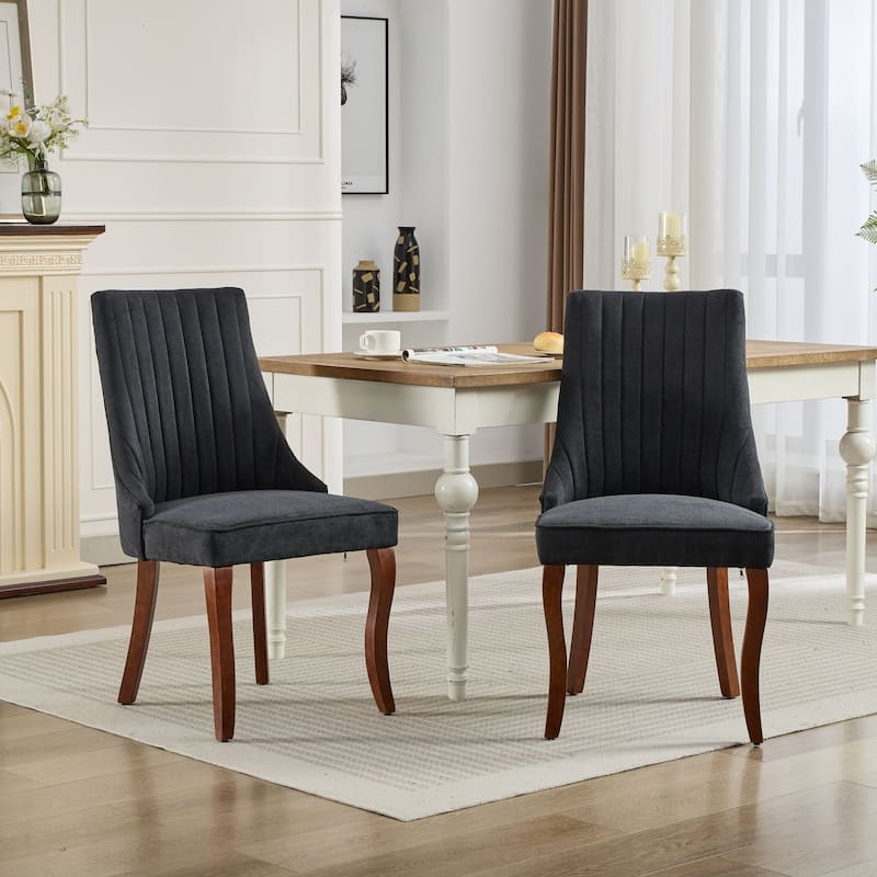 Rayon Flocking Linen Dining Chairs, Comfy Upholstered, Curved Solid Wood Legs, Set of 2 - Kitchen/Dining Room Accent Chairs - Black