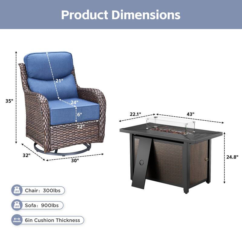Arcadia 5-Piece Wicker Patio Set with 4 Swivel Glider Chairs and All-Iron Fire Pit