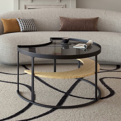 Minimalist Modern Moon-Shaped Coffee Table with Tempered Glass Top and Open Storage Shelf
