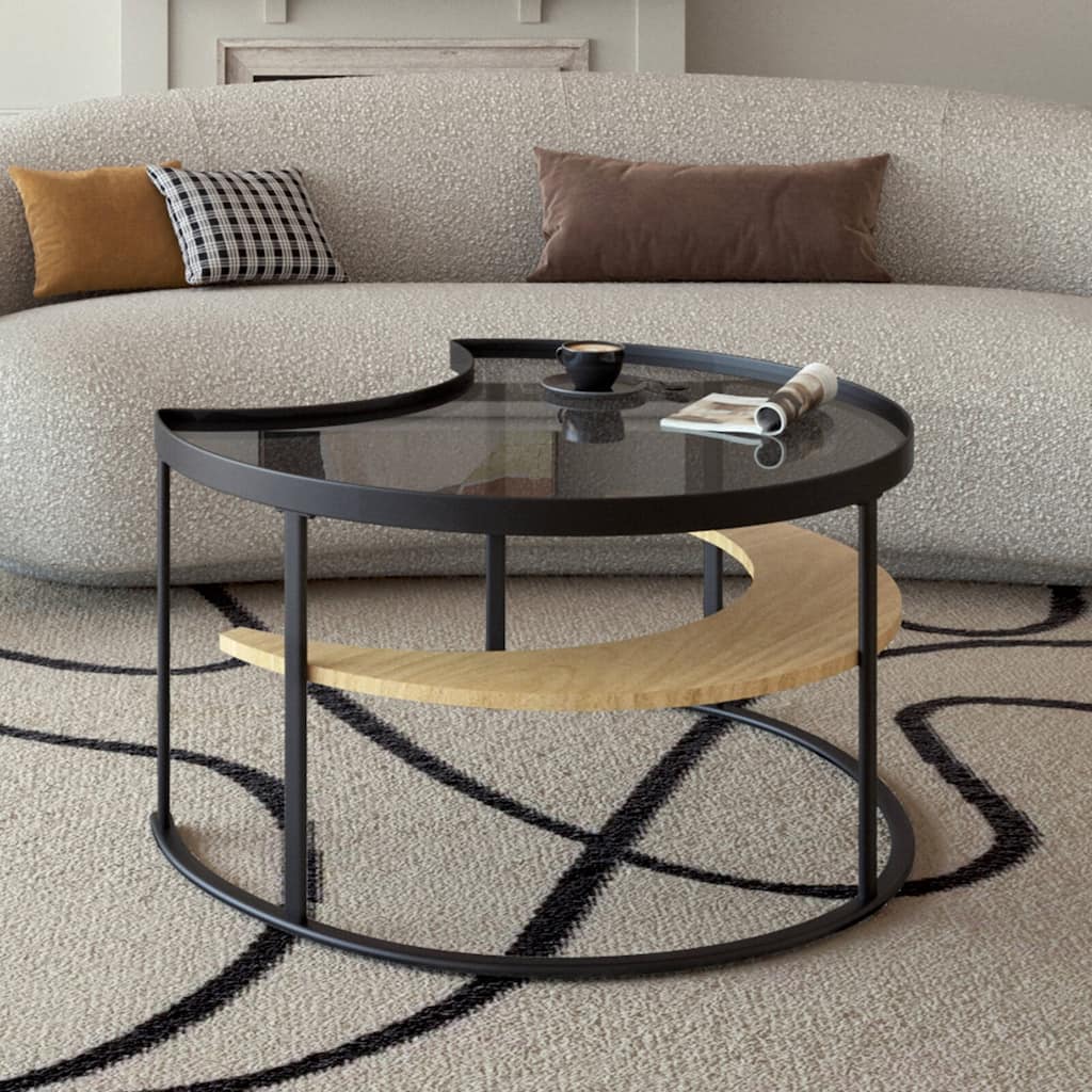 Minimalist Modern Moon-Shaped Coffee Table with Tempered Glass Top and Open Storage Shelf